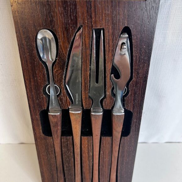 VTG 4 Piece Bar Ware Tool Set Hanging Magnetic Mid Century Modern Wood Tile - Picture 4 of 16